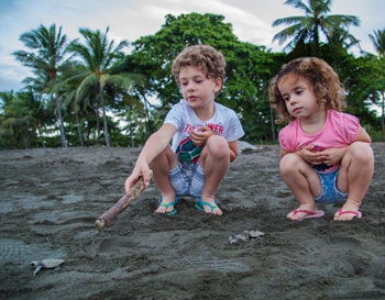 Two kids on the beach with baby turtles 