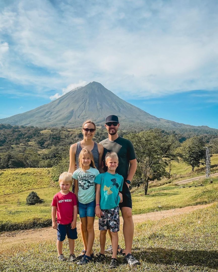 family photo with arenal volcano