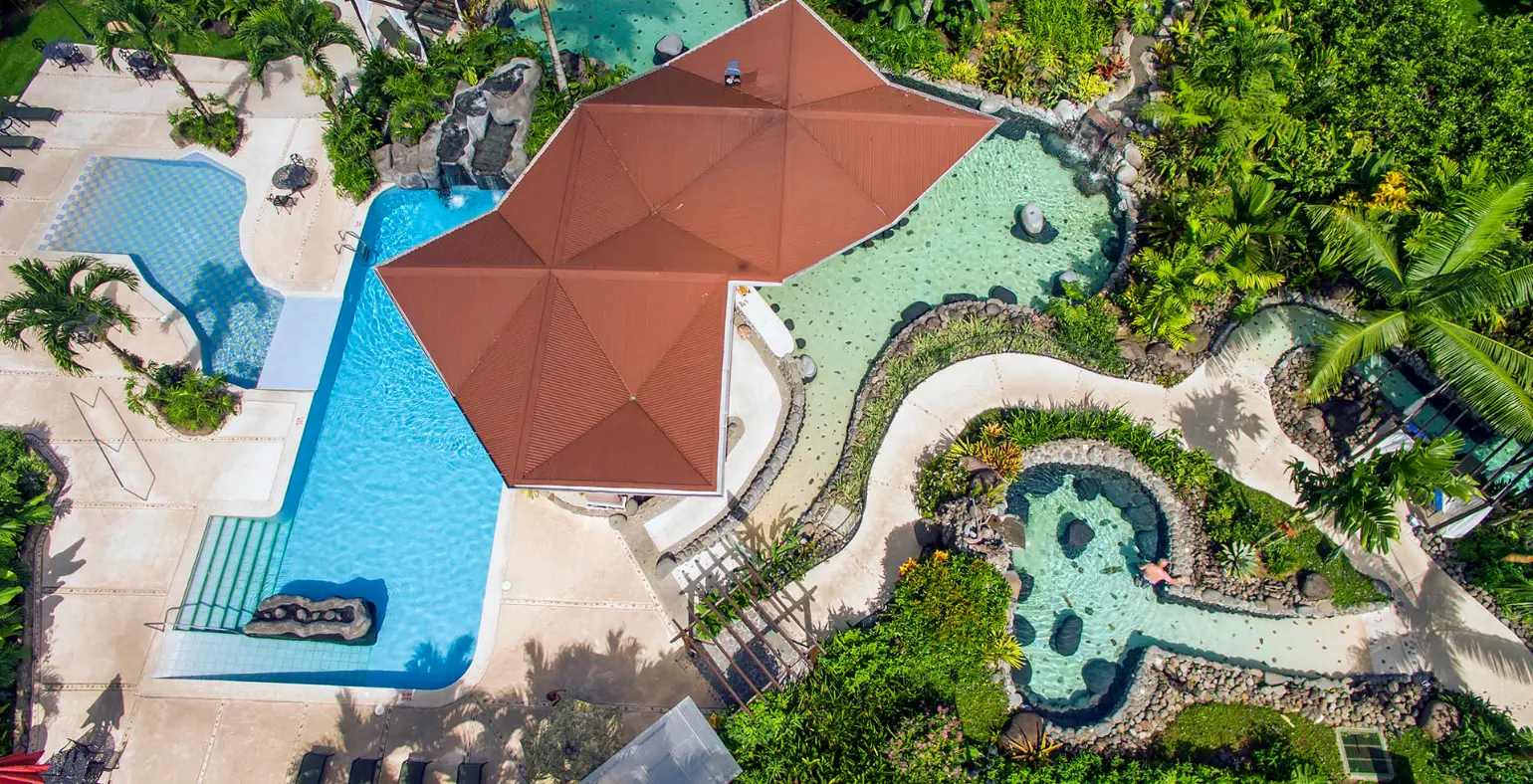 Aerial view of Costa Rica family resort with large pool and lazy river