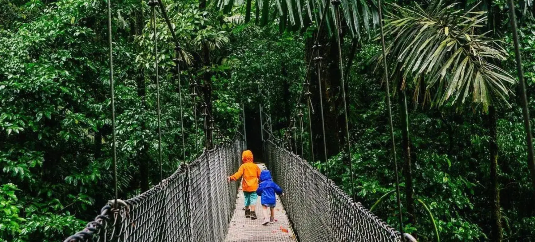Two kids walking across a hanging bridge in Costa Rica’s rainforest